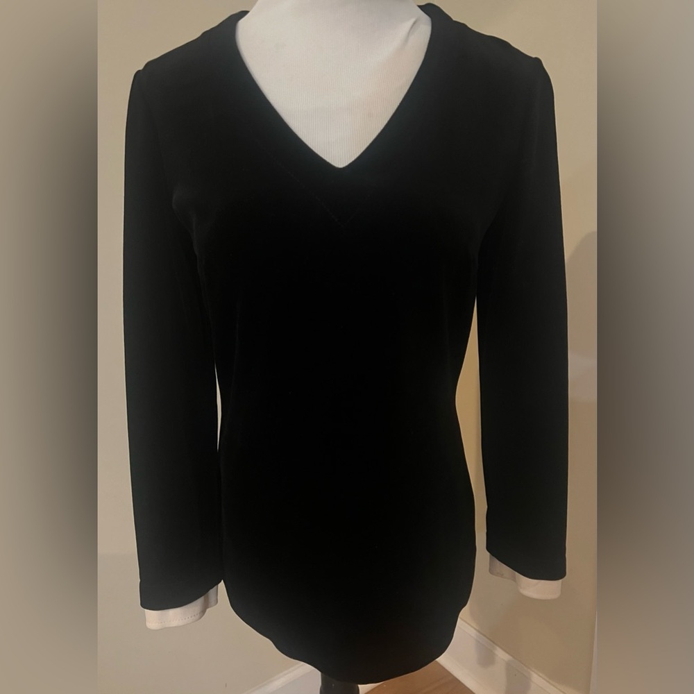 Vtg Elegant Butte Knit Black Velvet Long Sleeve V-neck Top Sz S Zip Back